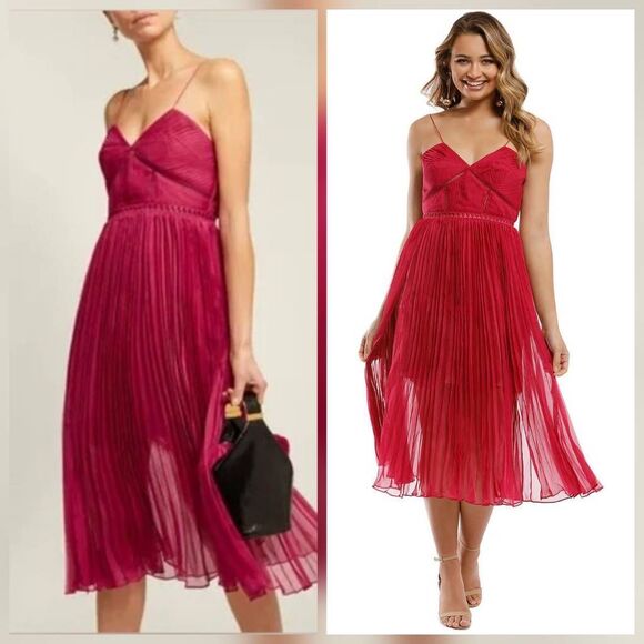 Self-Portrait Pleated Chiffon Lace Dress ASO Cristal Dynasty Sz 8 - Picture 3 of 11